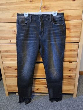 DRIFTWOOD JACKIE BLACK DISTRESSED JEANS WITH LACE ANKLES. W32, L28.